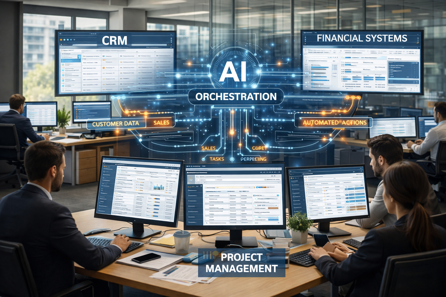 AI system monitoring business data and triggering automated operational actions across tools